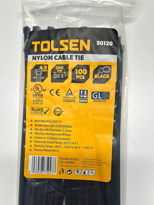 Tolsen 12″ Black Cable Tie – 100pcs  UV Rated Nylon 50120