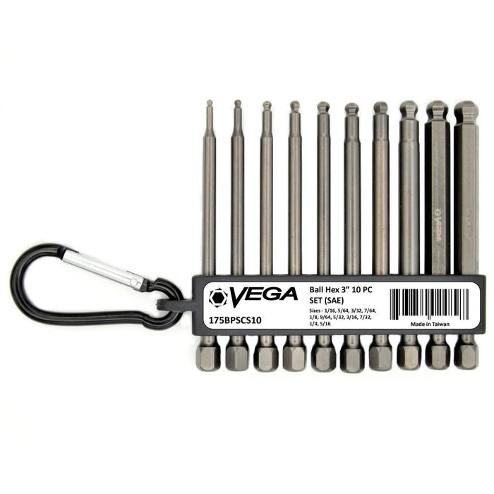 Vega Ball-End Hex Hex x 3" 10pc Set (SAE) with Carabiner Holder