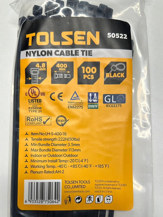 Tolsen 15.75″ Black Cable Tie 100pcs UV Rated Nylon