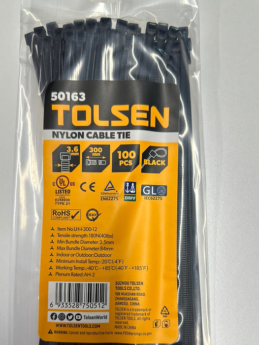 Tolsen 12"/300mm x 3.6mm Black Cable Tie 100pcs UV Rated Nylon