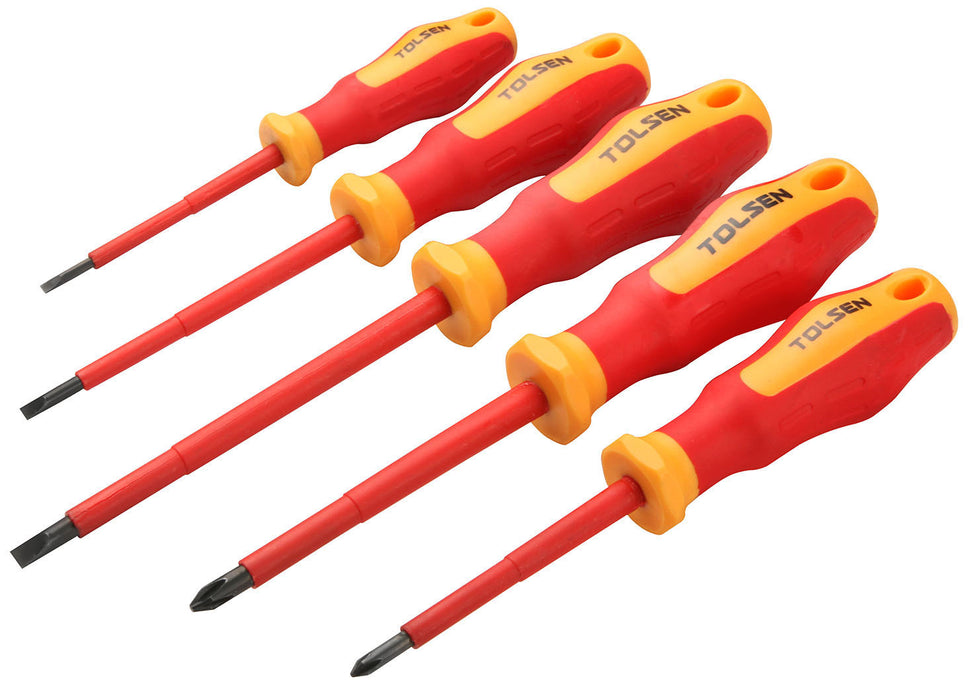 Tolsen 5Pc VDE Screwdriver Set Durable Cr-V Blades, Includes: 0.2″ Slotted x 3″, 0.3″ Slotted x 4″, 0.4″ x 5″, PH1 x 3-1/4″, PH2 x 4″