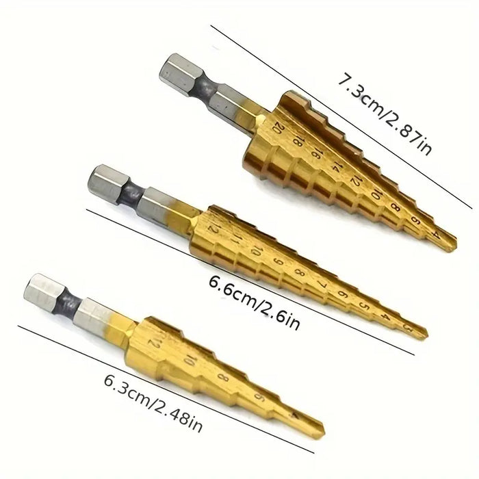 Step Drill Bit Set 3 Pcs Titanium High Speed Steel 1/4 Inch Quick Connector 4mm-20mm 0.16-0.75in