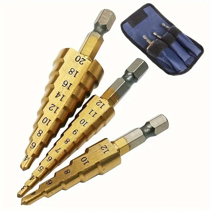 Step Drill Bit Set 3 Pcs Titanium High Speed Steel 1/4 Inch Quick Connector 4mm-20mm 0.16-0.75in