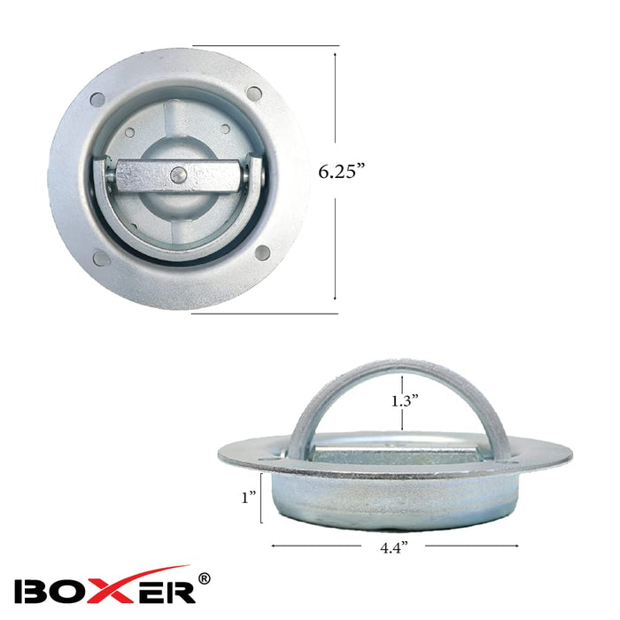 Boxer 4 Pack Extra Large Rotating Recessed-Pan Fitting with D-Ring, Swivels 360 Degrees - D-Ring Tie Down Anchor Point - Heavy Duty 6,000 LBS Zinc Plated