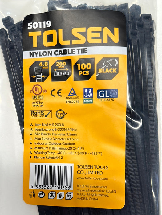 Tolsen 8″ Black Cable Tie Heavy Duty 100pcs UV Rated Nylon