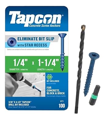 Tapcon 1/4-inch x 1-1/4-inch Blue Flat Head T25 Concrete Screw Anchors With Drill Bit - 100 pcs