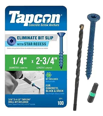 Tapcon 1/4-inch x 2-3/4-inch Climaseal Blue Flat Head T30 Concrete Screw Anchors With Drill Bit - 100 pcs