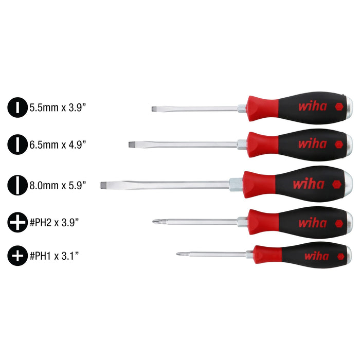 Wiha 53090 Screwdriver Set, Slotted and Phillips, Extra Heavy Duty, 5 Piece