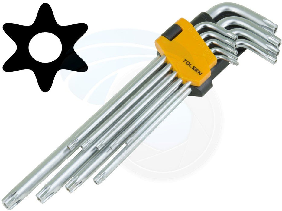 Tolsen 9pcs Extra Long Arm Torx Hex Key Set Star with Shaft Pin Slot Wrenches