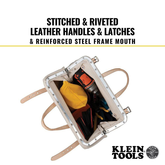 Klein Tools 5102-14 Heavy Duty Natural Canvas Tool Bag, Tool Tote, Multi-Purpose Bag with Wide Hinged Opening and Leather Handles, 14-Inch