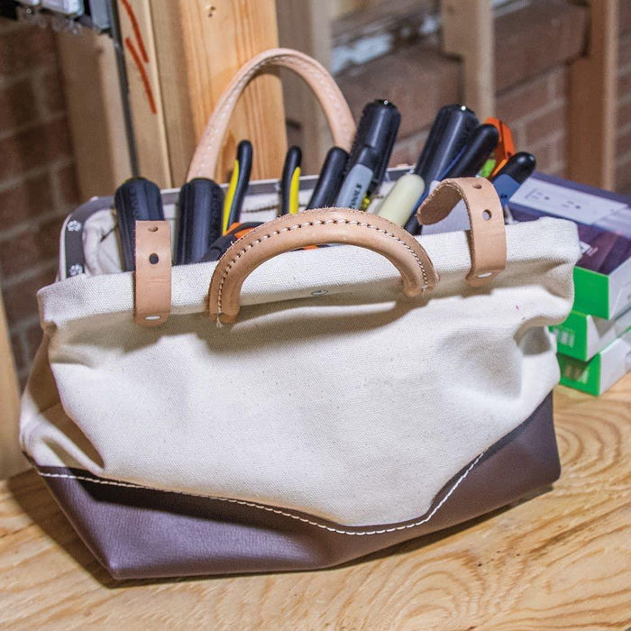 Klein Tools 5102-14 Heavy Duty Natural Canvas Tool Bag, Tool Tote, Multi-Purpose Bag with Wide Hinged Opening and Leather Handles, 14-Inch