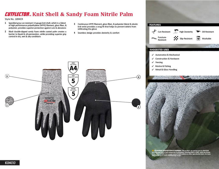 Kinco XL  Cut Resistant Work Glove, Knit Shell with Nitrile Palm