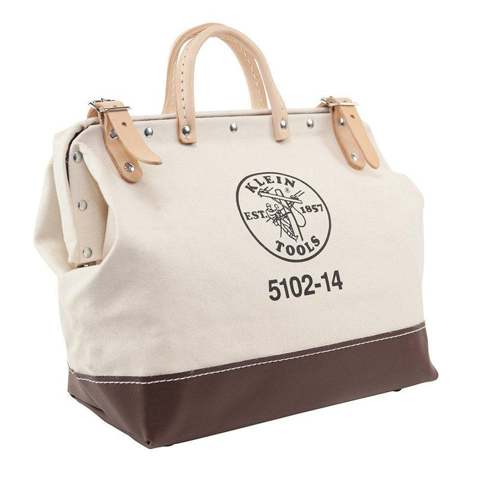 Klein Tools 5102-14 Heavy Duty Natural Canvas Tool Bag, Tool Tote, Multi-Purpose Bag with Wide Hinged Opening and Leather Handles, 14-Inch