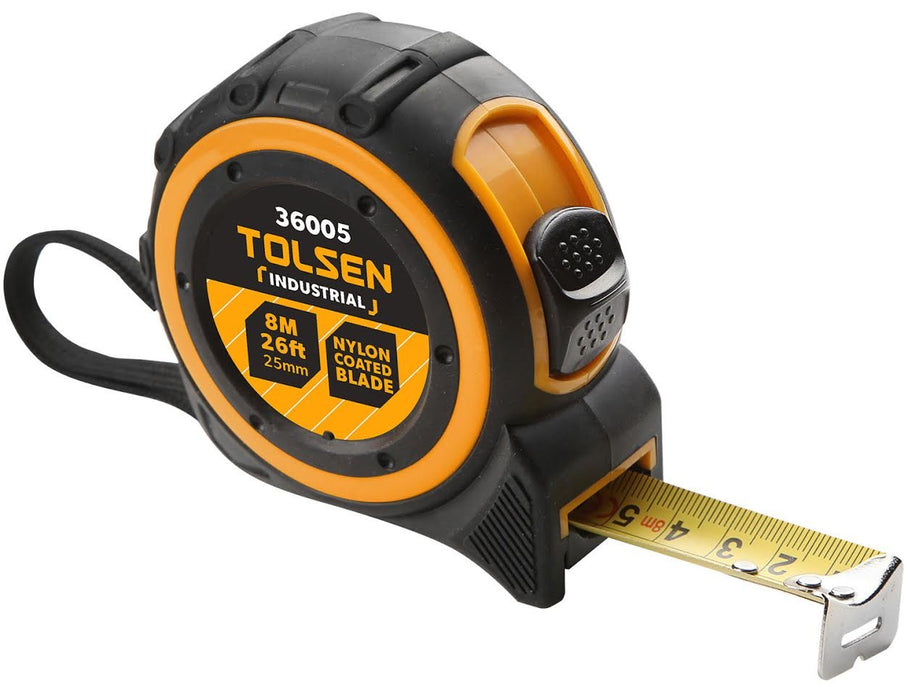 Tolsen Tape Measure 26′ (Industrial) ABS Case Covered with TPR, Nylon Coated Blade, Powerful Stop Button