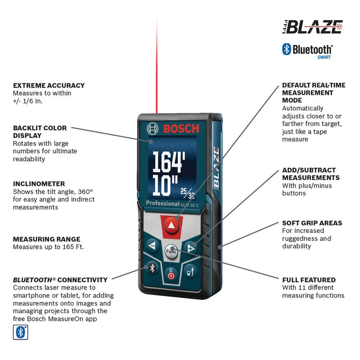BOSCH Blaze GLM50C Bluetooth Enabled 165ft Laser Distance Measure with Color Backlit Display