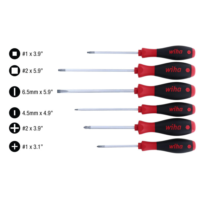 Wiha SoftFinish Grip ScrewDriver Set, Slotted 4.5-6.5mm, Phillips Number 1-2 and Square Number 1-2, 6-Piece Set