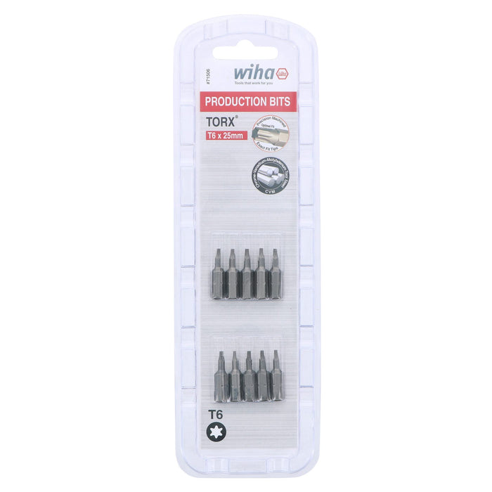 Wiha Torx Insert Bits, 1/4-Inch Hex Drive T6 by 25 mm 10-Pack