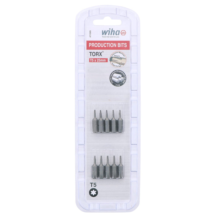 Wiha 71505 Torx Insert Bits, 1/4-Inch Hex Drive, T5 by 25 mm, 10-Pack