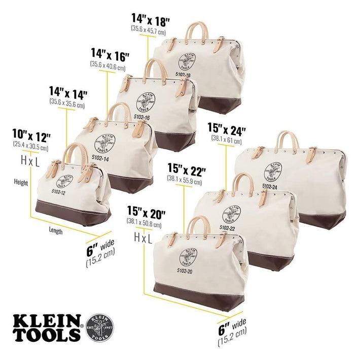 Klein Tools 5102-14 Heavy Duty Natural Canvas Tool Bag, Tool Tote, Multi-Purpose Bag with Wide Hinged Opening and Leather Handles, 14-Inch