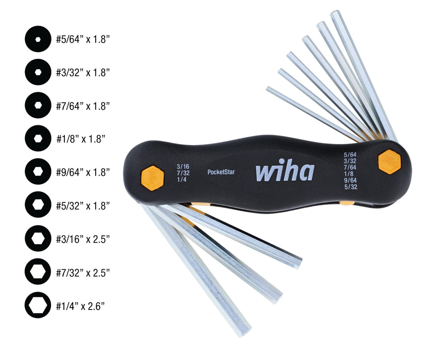 Wiha Inch Pocket Star Fold Up Key Set with Large Ergo Handle, 9-Piece