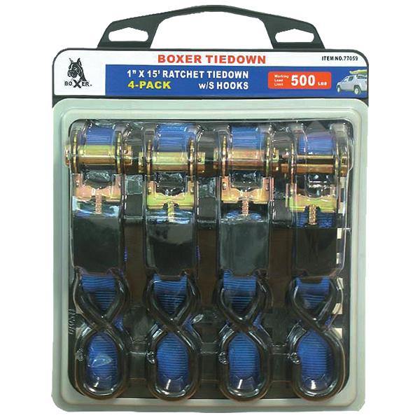 Boxer Ratchet 4-Pack  with S Hooks in Blue 1,500lbs (1" x 15')