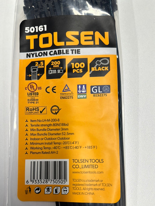 Tolsen  8"/200mm x 2.5mm Black Cable Tie – 100pcs UV Rated Nylon