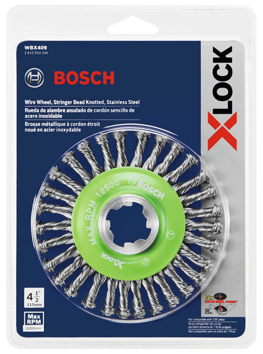 BOSCH WBX409 4-1/2 In. X-LOCK Arbor Stainless Steel Stringer Bead Knotted Wire Wheel For Applications in Difficult Brushing in Tight Places for Cleaning Welds