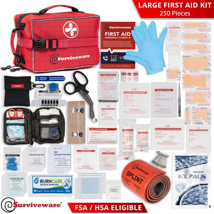 Surviveware Comprehensive Premium First Aid Kit Emergency Medical Kit for Trucks, Cars, Camping, Office and Sports and Outdoor Emergencies - Large 200 Piece Set