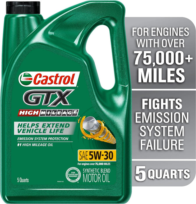 Castrol GTX High Mileage 5W-30 Synthetic Blend Motor Oil, 5 Quarts, Pack of 3