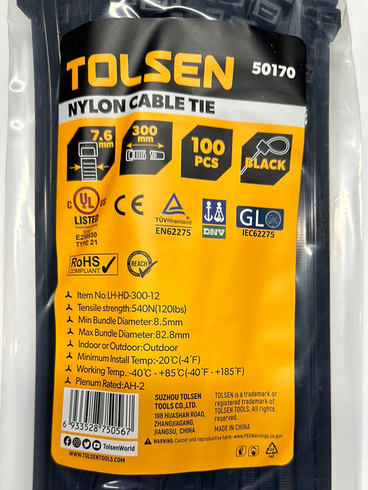 Tolsen 12″ Black Cable Tie 100pcs UV Rated Nylon