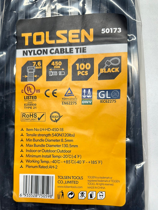 Tolsen 17.5″ Black Cable Tie 100pcs  UV Rated Nylon