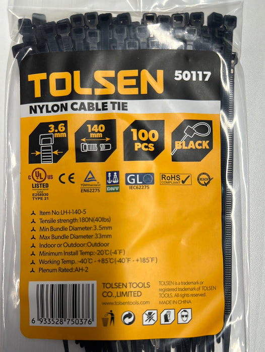 Tolsen 5.5″ Black Cable Tie  – 100pcs UV Rated Nylon