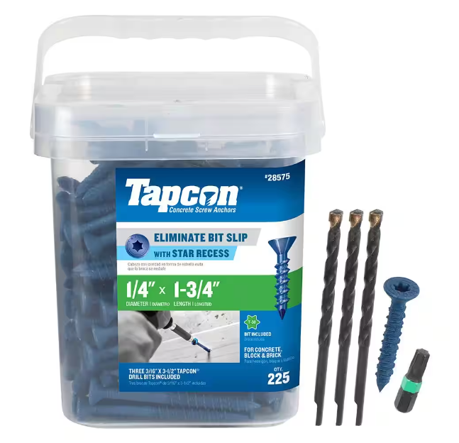 Tapcon 1/4-inch x 1-3/4-inch  Blue Flat Head T25 Concrete Screw Anchors With Drill Bit - 225 pcs