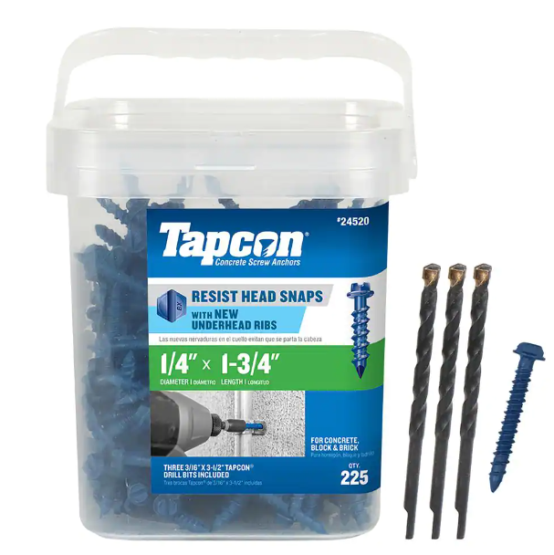 Tapcon 1/4-inch x 1-3/4-inch Climaseal Blue Slotted Hex Head Concrete Screw Anchors - 225 pcs