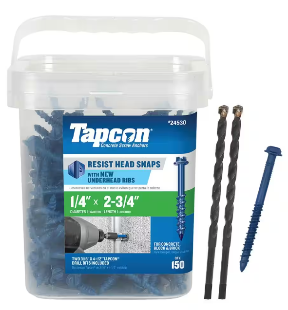 Tapcon 1/4-inch x 2-3/4-inch Climaseal Blue Slotted Hex Head Concrete Screw Anchors - 150 pcs