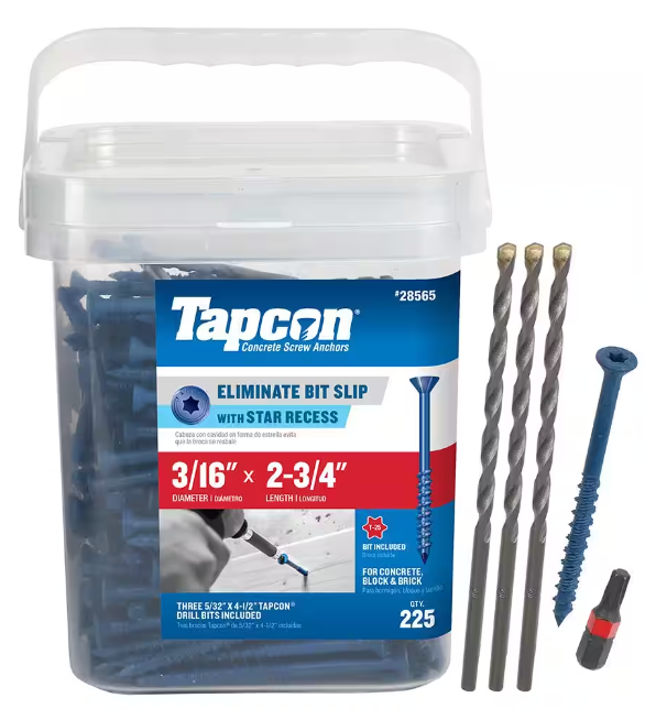 Tapcon 3/16-inch x 2-3/4-inch Climaseal Blue Flat Head T25 Concrete Screw Anchors Pro Pack With Drill Bit - 225 pcs