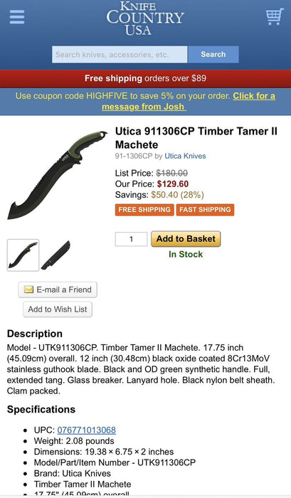 Utica Timber Tamer II Machete Steel Gut Hook Blade Synthetic - 91-1306CP