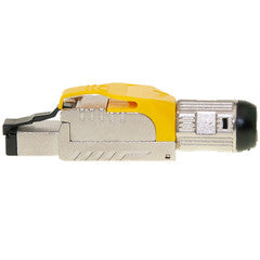 Shielded Cat6a field terminable plug for solid/stranded cable, 23-26 AWG conductors, 6.0-7.5mm OD, POE Compliant, Yellow