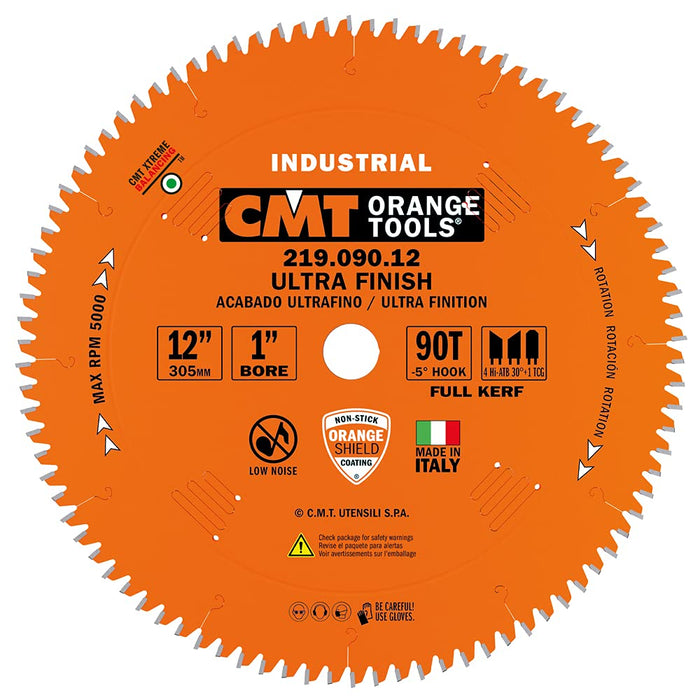 CMT 219.090.12 Industrial Sliding Compound Miter & Radial Saw Blade, 12-Inch x 90 Teeth 4/30° ATB+1TCG Grind with 1-Inch Bore, PTFE Coating