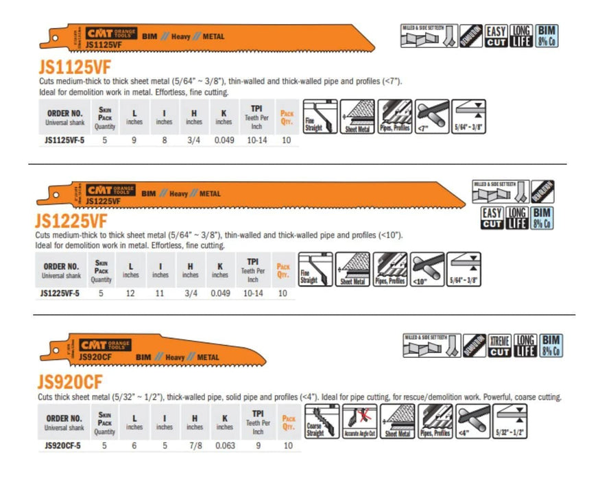 CMT USA, Inc. JS922BF-5 CMT 14 TPI Bimetal Reciprocating Saw Blades for Metal (5 Pack), 5"