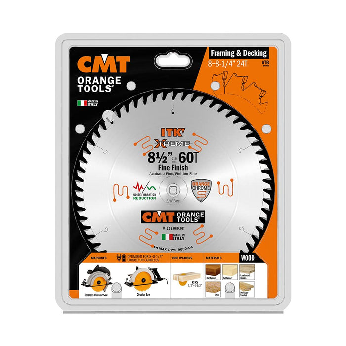 CMT 253.060.08 ITK Industrial Finish Sliding Compound Miter Saw Blade, 8-1/2-Inch x 60 Teeth 1FTG+2ATB Grind with 5/8-Inch Bore