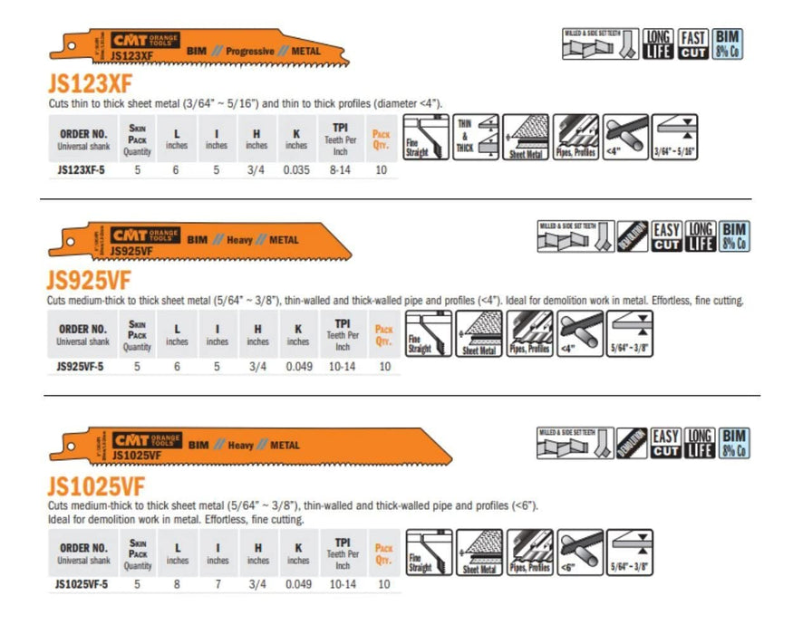 CMT USA, Inc. JS922BF-5 CMT 14 TPI Bimetal Reciprocating Saw Blades for Metal (5 Pack), 5"