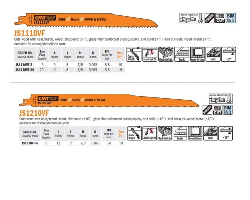 CMT JS725VFR-5 8-12 TPI Bimetal Reciprocating Saw Blades for Wood/Metal (5 Pack), 7"