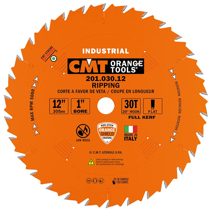 CMT 201.030.12 12" x 30 Tooth FTG, .126 Kerf, 1" Bore Table Saw Ripping Blade