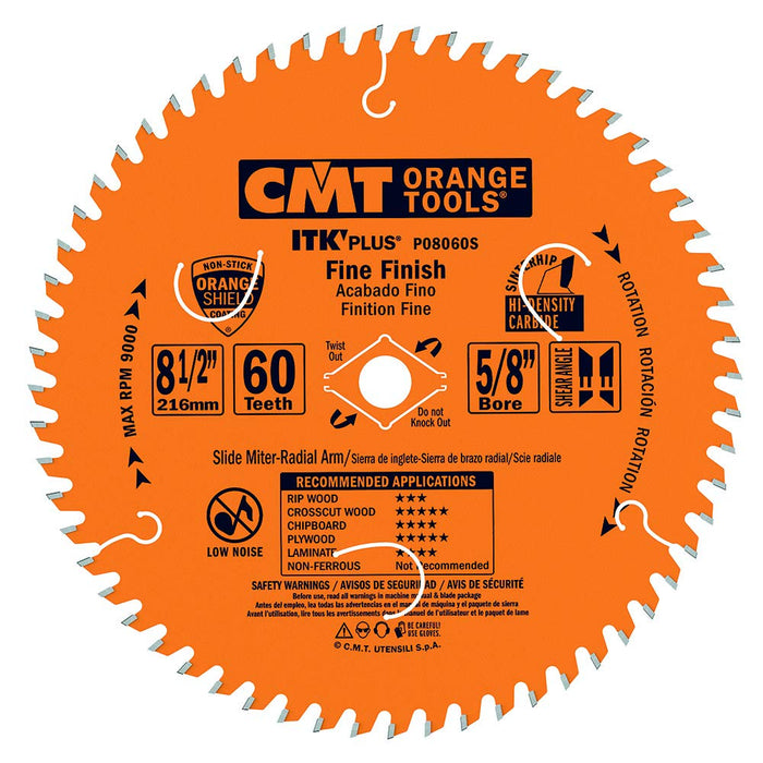 CMT P08060S ITK Plus Finish Sliding Compound Miter Saw Blade, 8-1/2 x 60 Teeth, 10° ATB+Shear with 5/8-Inch bore