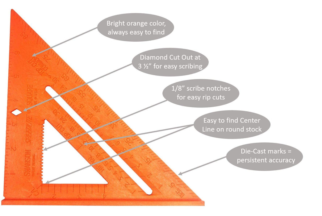 Swanson Tool Co T0118 8 inch Orange Composite Speedlite Speed Square Layout Tool, made of High Impact Polystyrene
