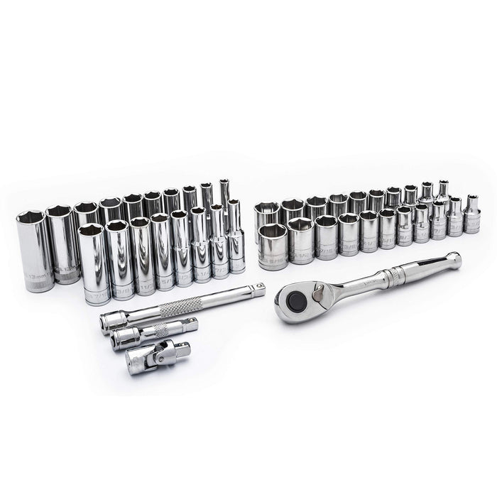 SATA 56-Piece 1/2-Inch Drive SAE and Metric Socket Set, Standard and Deep Sizes, with Ratchet and Other Accessories - ST09008U