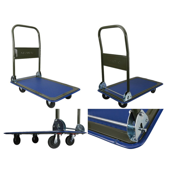 Olympia Tools 85-180 Folding & Rolling Flatbed Cart for Loading, Olive Green with Blue Bumper, 300 Lb. Load Capacity