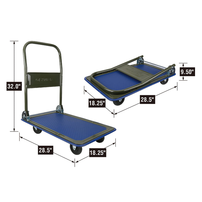 Olympia Tools 85-180 Folding & Rolling Flatbed Cart for Loading, Olive Green with Blue Bumper, 300 Lb. Load Capacity