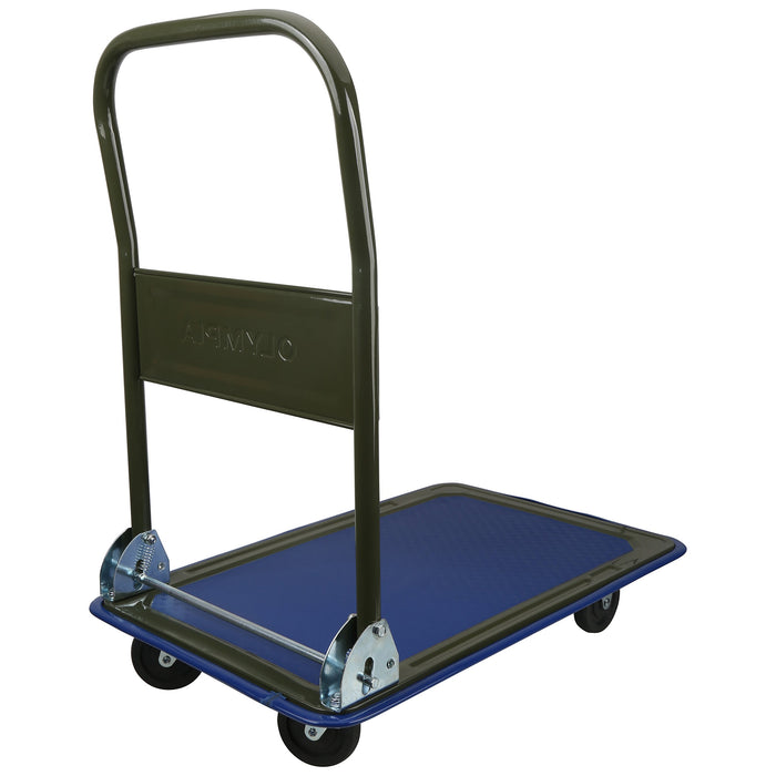 Olympia Tools 85-180 Folding & Rolling Flatbed Cart for Loading, Olive Green with Blue Bumper, 300 Lb. Load Capacity